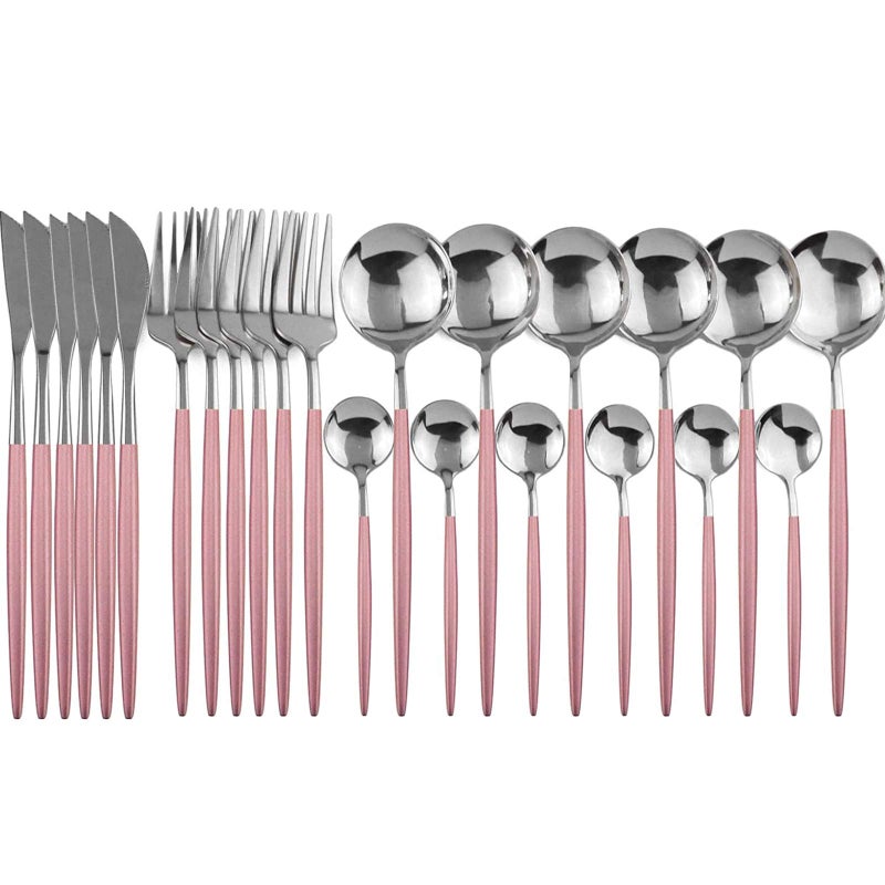 JANKNG 24-Piece Flatware Set, 18/0 Stainless Steel Knife Fork Spoon Teaspoon Silverware Set, Service for 6, Pink Handle Silver - Image 1